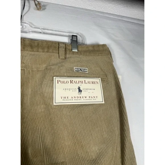 NWT Polo Ralph Lauren Andrew Pants Men's38x30 Tan Corduroy Pleated Classic Fit